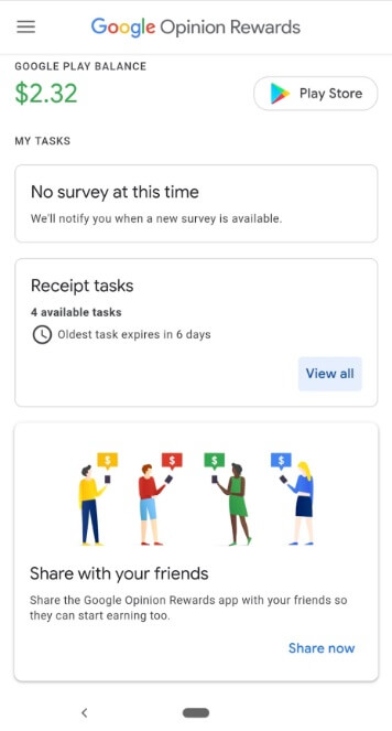 Print da tela do Google Opinion Rewards, um bom app para ganhar diamante no Free Fire